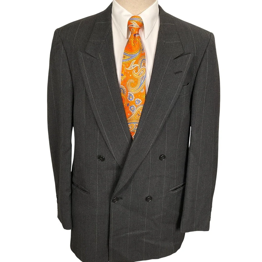 Pierre Cardin Blazer Mens 44R Charcoal Pinstripe Double Breasted‎ Corporate VTG